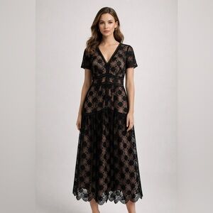 ML Monique Lhuillier Black Lace Nude Lined Midi Cocktail Wedding Dress Sz 10